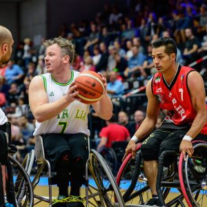 An image of para-athletes during a game of wheelchair basketball