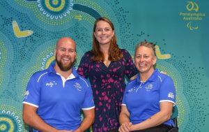 Image of 3 people, left to right: Australian Paralympic Team co-captain Ryley Batt, Chef de Mission Kate McLoughlin, Australian Paralympic Team co-captain Danni Di Toro
