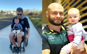 On the left of the image is a male in a wheelchair holding a small child. The person in the wheelchair is Wheelchair rugby player Andrew Edmondson. On the right is a photo of a male holding a baby. The male is Wheelchair rugby player Chris Bond.