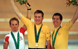 Image of Wolfgang Eibeck, Matthew Gray and Paul O'Neill on the medal podium at the Sydney 2000 Paralympic Games