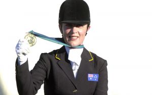 Para-equestrian rider Julie Higgins with a gold medal at the Sydney 2000 Paralympic Games