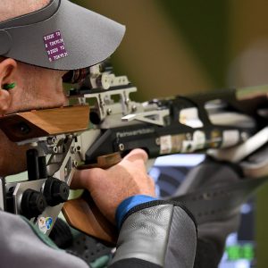 Australia Paralympic shooter Anton Zappelli aims at the target