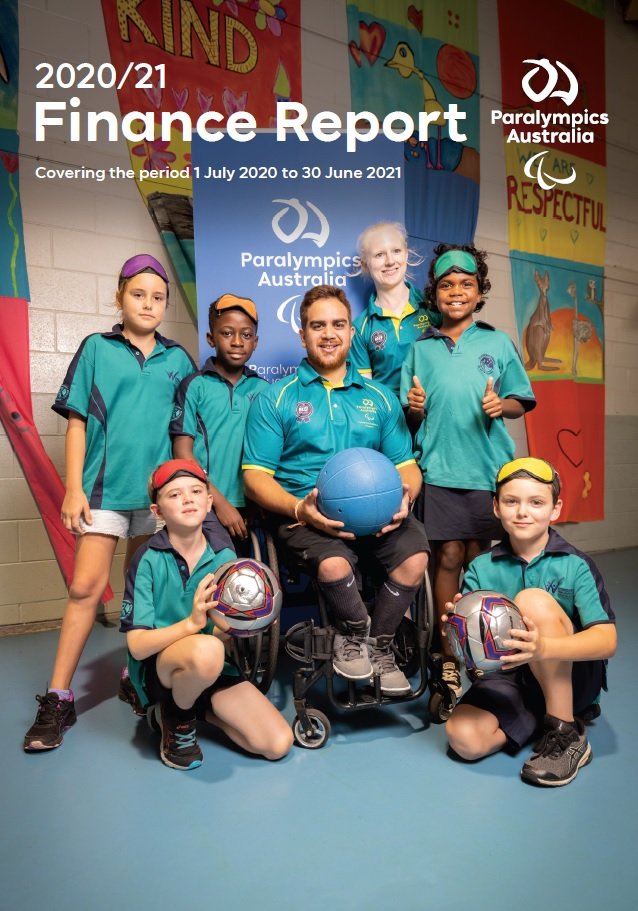 Text on image reads: 2020/21 Finance Report. Covering the period 1 July 2020 to 30 September 2021. A group of school students pictures with two Para-athletes smile at the camera following a school visit