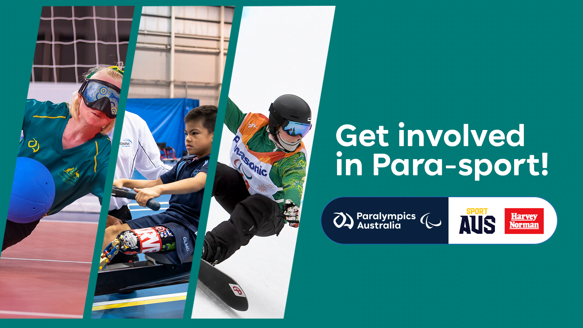 A green background with three images of Australian Paralympians and Come & Try Day participants and text reading: Get involved in Para-sport!