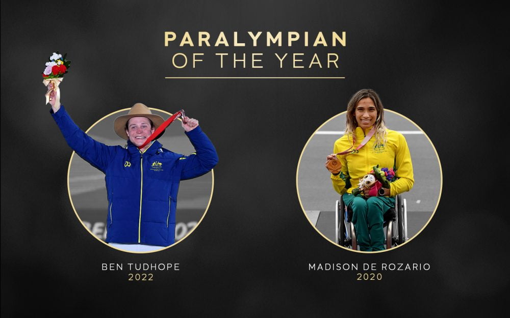 A black background with images of Australian Paralympians Ben Tudhope and Madison de Rozario. There is gold text that reads: Paralympian of the Year; Ben Tudhope 2022; Madison de Rozario 2020.