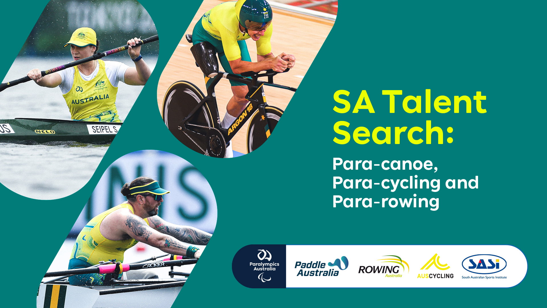 Images of a Para-canoe, Para-cycling and Para-rowing athletes. Text reads: SA Talent Search: Para-canoe, Para-cycling and Para-rowing.