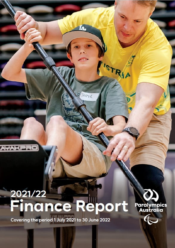 Australian Paralympian Curtis McGrath assisting a young person with their paddling technique. Text on image reads: 2021/22 Finance Report
