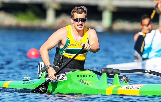Australian Para-canoe athlete Ben Sainsbury paddling.