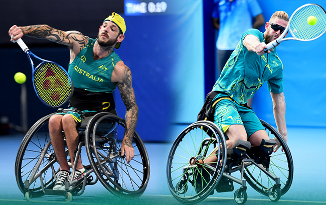 Australian Paralympians Heath Davidson and Ben Weekes playing Wheelchair tennis.