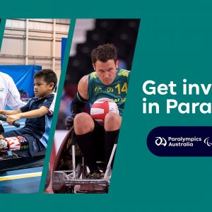 Australian Paralympian Brodie Foster playing Goalball, a young boy on a rowing machine, and Australian Paralympian Andrew Edmondson playing Wheelchair rugby. Text reads: Get involved in Para-sport!