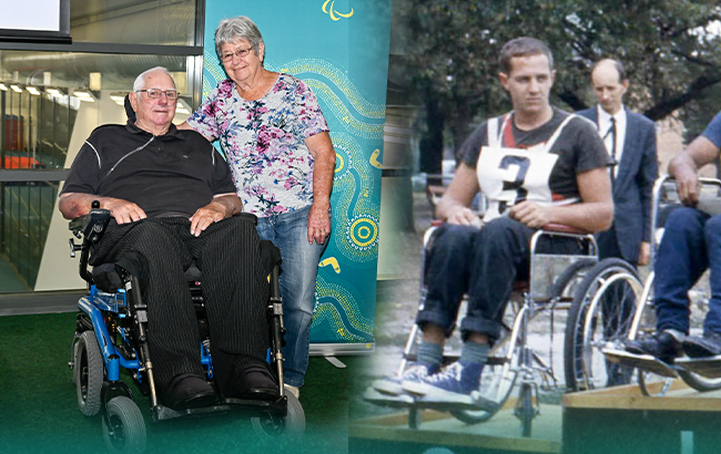 Australian Paralympian Kevin Cunningham and his wife Maureen in 2022 on the left. On the right, he is pictured in 1960.