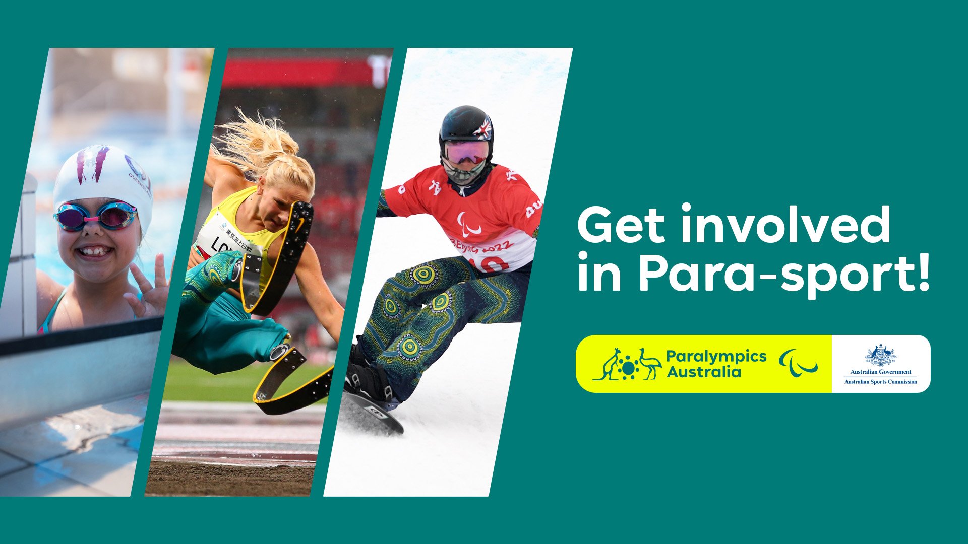 Three Para athletes. Text reads: Get involved in Para-sport!