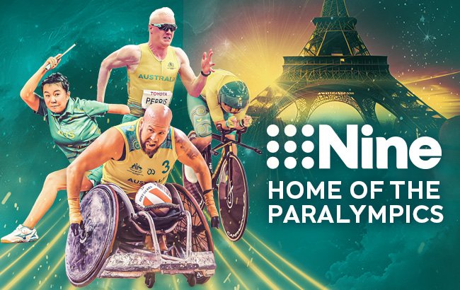 A montage of Australian Paralympians in action including Qian Yang, Ryley Batt, Chad Perris and Emily Petricola. Text on image reads: Nine. Home of the Paralympics.
