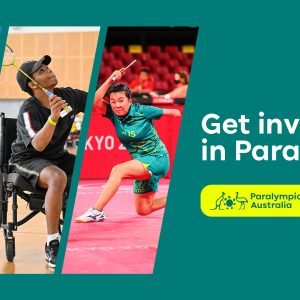 A light green background with three images on the left. The images from left to right: Australian Paralympian Heath Davidson playing Wheelchair tennis, a boy playing Para-badminton, Australian Paralympian Qiang Yang playing Para-table tennis. Text on the right of the image reads: Get involved in Para-sport! A white button with green text reads: register today! In the bottom right corner is the Paralympics Australia and Australian Sports Commission logos.