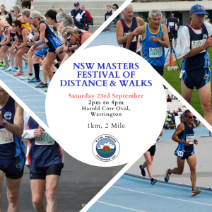 Various images of people running. Text on image reads: NSW Masters Festival of Distance & Walks. Saturday 23rd September, 2pm to 4pm, Harold Corr Oval, Werrington, 1km, 2 mile.
