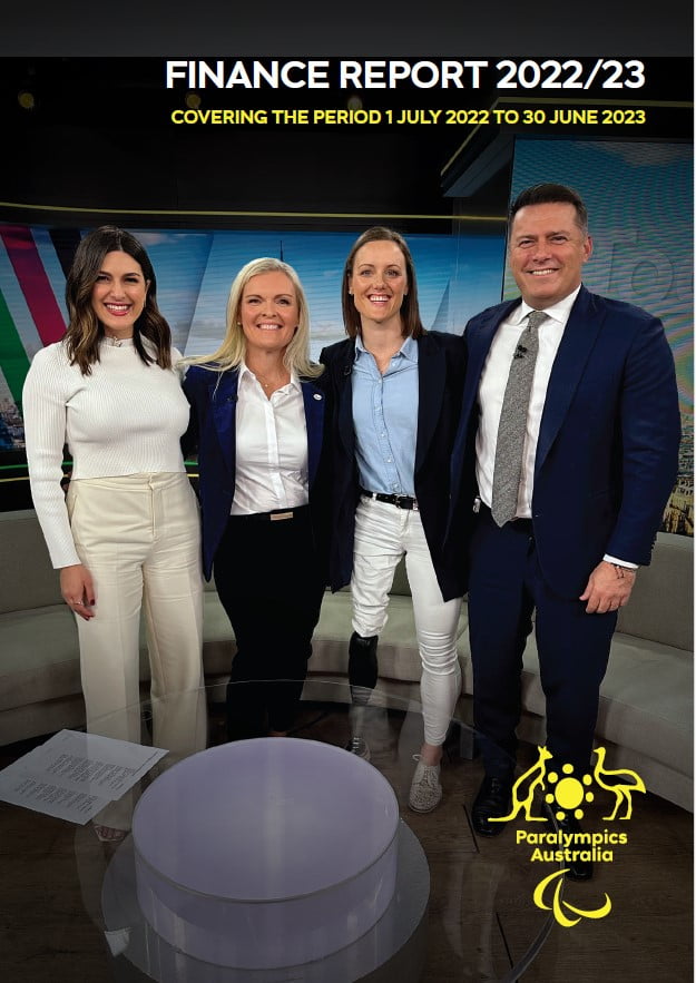 Today Show presenters Sarah Abo and Karl Stefanovic with Paralympics Australia CEO Catherine Clark and Paralympian Ellie Cole. Text reads: 2022/23 Finance Report