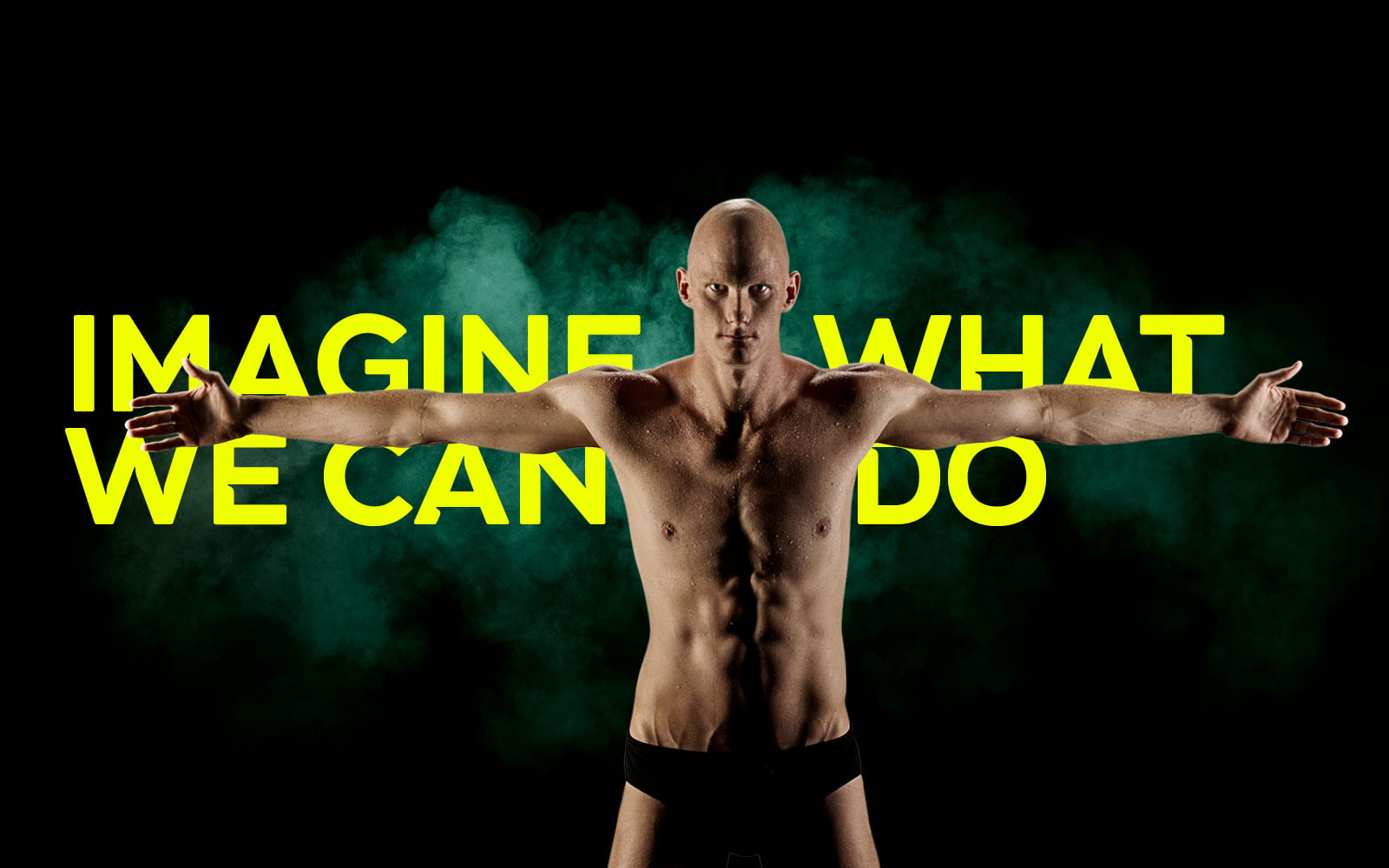 Australian Para-swimmer Rowan Crothers in black speedos with his arms outstretched. Text reads: Imagine What We Can Do.