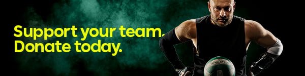 Text reads: Support your team. Donate today. On the right is Australian wheelchair rugby player Chris Bond.