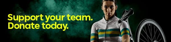 Text reads: Support your team. Donate today. On the right is Australian Para-cyclist Paige Greco