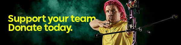 Text reads: Support your team. Donate today. On the right is Australian Para-archer Taymon Kenton-Smith